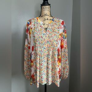 Hope Springs bright floral semi sheer pleated button front blouse XL Vaca travel